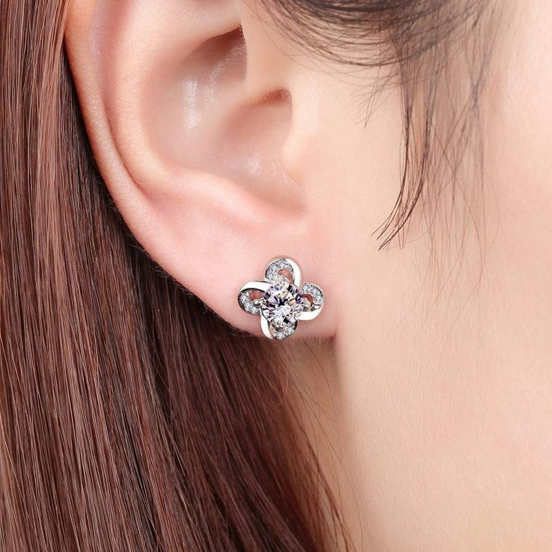 Sier needle four leaf clover wer shaped fashionable temperament micro dia elegant female earrings_voghion.com