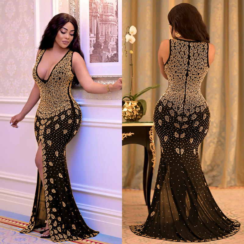 Abbigliamento da donna vestito sexy con diamanti caldi con scollo a V a rete attillata per feste in discoteca_voghion.com