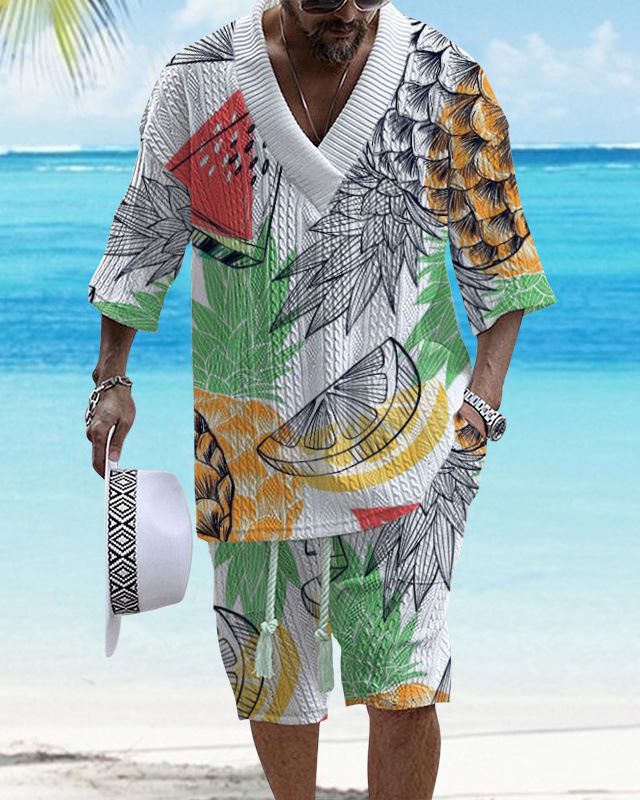 Completo da uomo con pantaloncini a maniche corte in maglia, di grandi dimensioni, con stampa a quadri e spalle cadenti_voghion.com