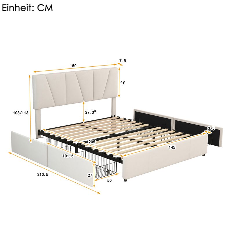Plateforme de Polster Double taille, avec deux lames de protection sur deux côtés, tête de lit polyvalente, Beige (140x200cm)_voghion.com