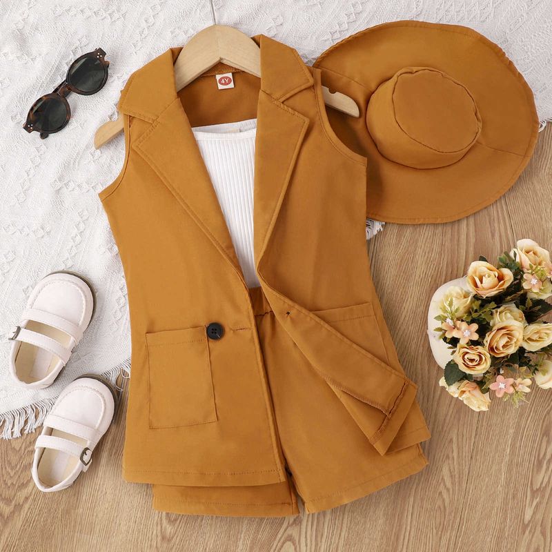 Trendy Spring/Summer Small and Medium School Girl with Sling+Solid Color Sleeveless Suit+Shorts+Hat Set of Four_voghion.com