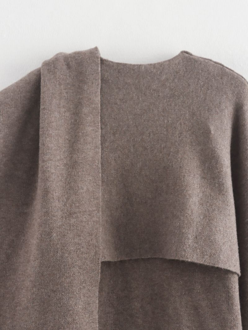 Elegant Asymmetrical Cape Knit Top – Women’s Long-Sleeve Scarf Neck Pullover, Loose Fit Boho Chic (Grey/Brown)_voghion.com