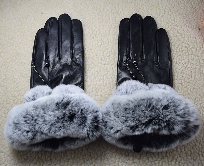 Gants en cuir véritable avec doublure polaire, bordure en fourrure de lapin Rex, marque, cyclisme, résistants au froid, chauds, hiver femme_voghion.com