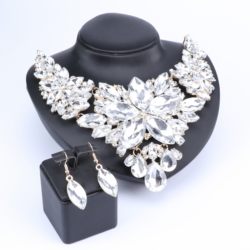 Kristall-Choker-Statement-Halskette, Ohrring-Schmuckset, Strass-Hochzeitsgeschenk, Frauen, Bräute, Abschlussball, Party_voghion.com
