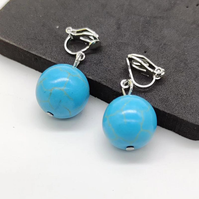 Children's Clothing Accessories Round Bead Clip-On Ethnic Style Cracked Turquoise Earrings_voghion.com