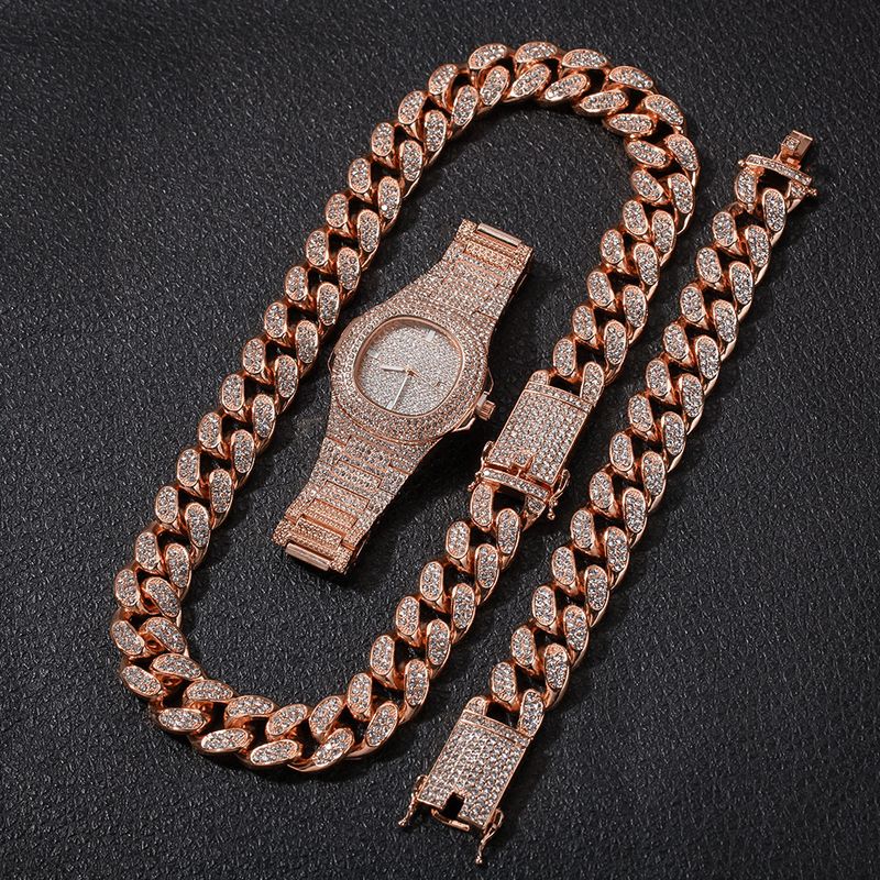Trendy Personality Hip-Hop Style Full Diamond Watch Bracelet + Necklace Three-Piece Fashion Men's Set_voghion.com