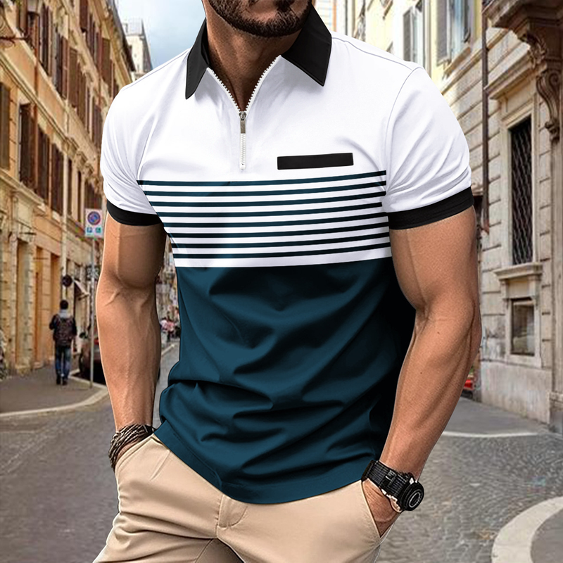 Ins 2024 Summer Quick Sale Zipper Men's Printed Striped Polo Shirt_voghion.com