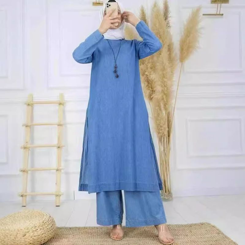 Damkläder Ny Denim Muslimsk Morgonrock Långärmad Enfärgad Casual Stor Storlek Vida Ben Lös Topp Mode Tvådelad Kostym_voghion.com