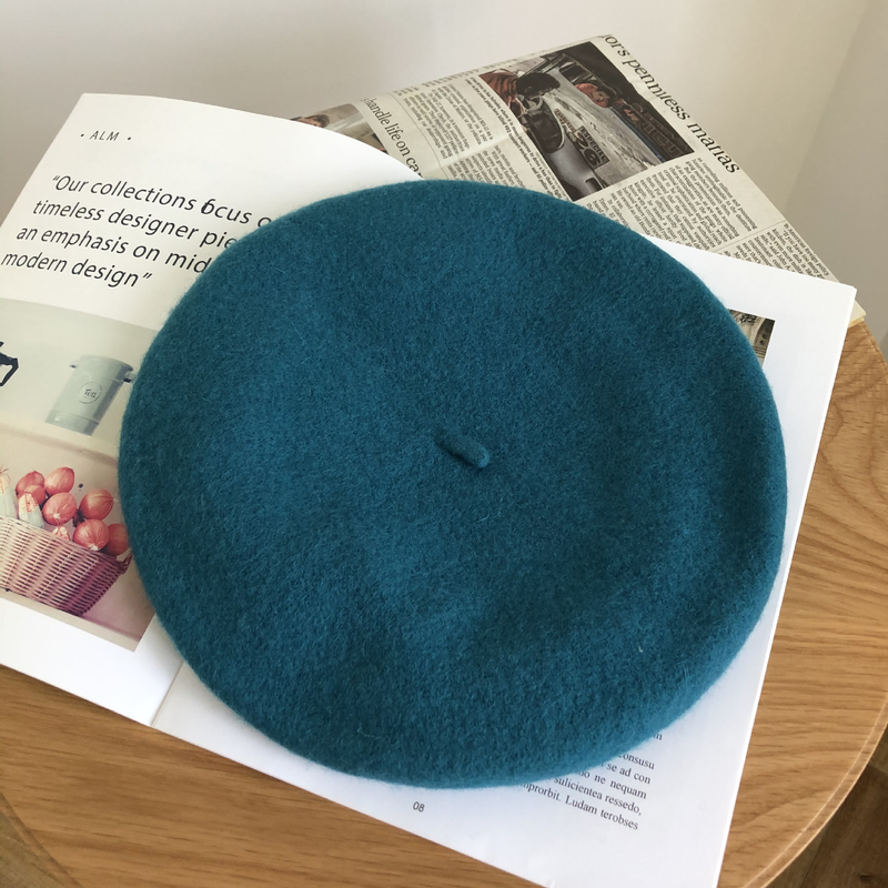 Wełniany beret damski Ishihara Satomi beret w tym samym stylu jesienno-zimowy wełniany beret retro niebieska czapka malarza_voghion.com