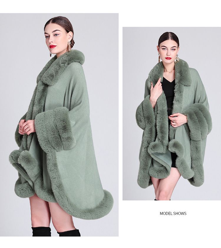 Pelerină cu guler de blană, cardigan tricotat lejer, mărime plus, pelerină pentru femei_voghion.com