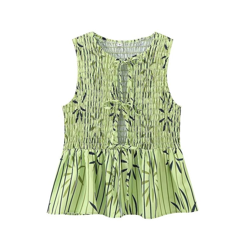 Women's Clothing Fashion Printed Round Neck Sleeveless Lace Up Vest Top Casual Street Style Trousers Suit_voghion.com