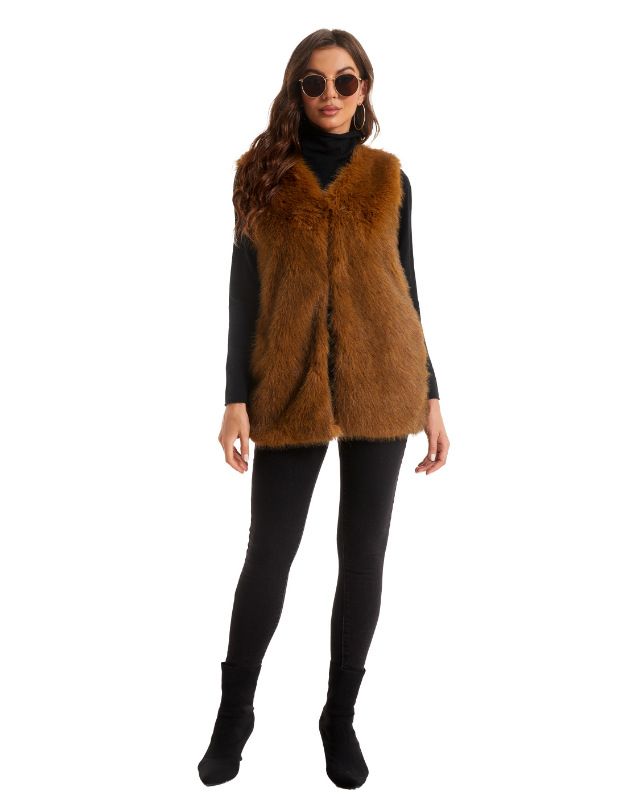 Women's fur vest women's coat long fur vest warm V-neck sleeveless vest_voghion.com