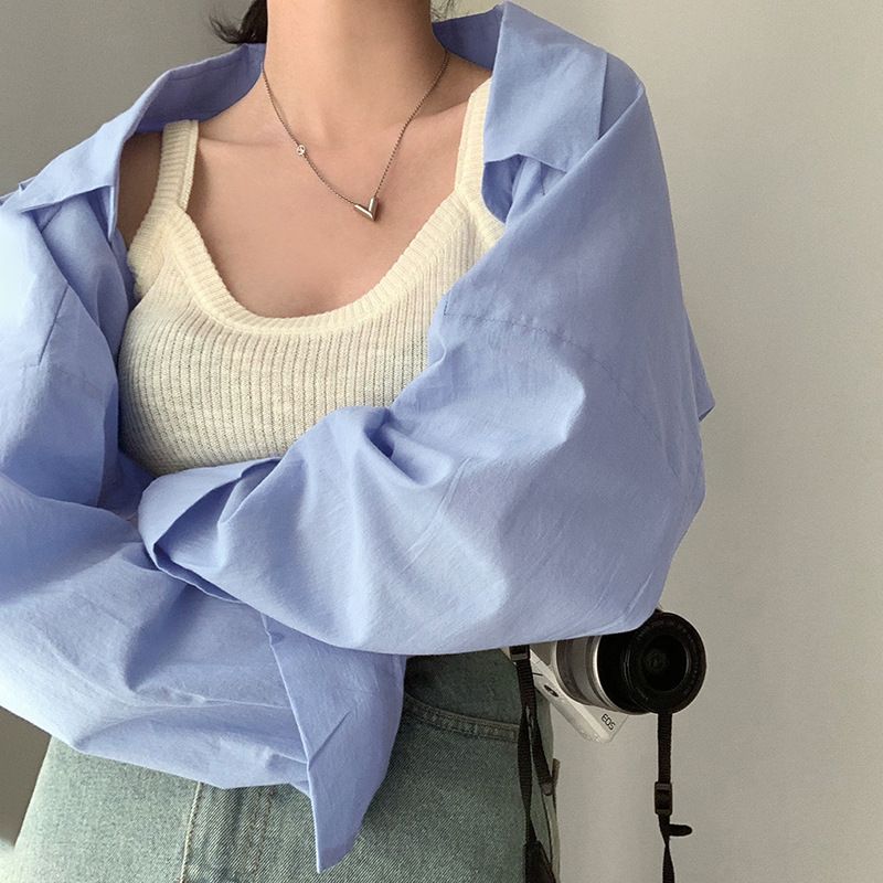 Shirt ultra short shirt sunscreen summer new solid color loose basic versatile cover up small jacket_voghion.com