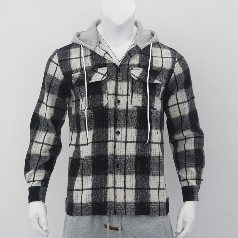 Herrenbekleidung Retro Herbst und Winter Kariertes Hemd Mit Kapuze Flanell Jacquard Freizeithemd_voghion.com