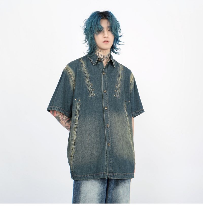 Herrenbekleidung Washed Gradient Deconstructed Kurzarm-Jeanshemd für Herren Neues Design Nischen-Vielseitiges, hübsches Hemd_voghion.com