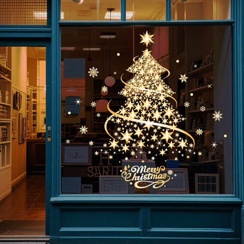Statische Weihnachtsbaum-Fensteraufkleber – 2er-Set wiederverwendbare Weihnachtsaufkleber (35 x 50 cm) für Glastüren, Heim- und Bürodekoration (Gold/Silber)_voghion.com