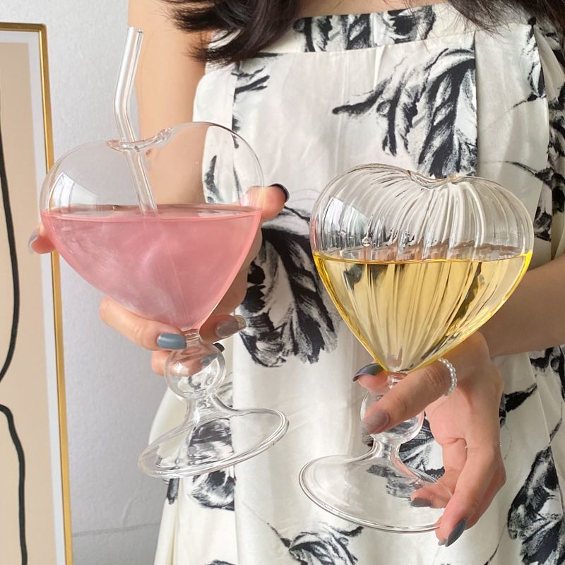 Ins Style High-Value Heart With Straw Glass Drinking Summer Beverage Juice Cocktail Coffee Cup_voghion.com
