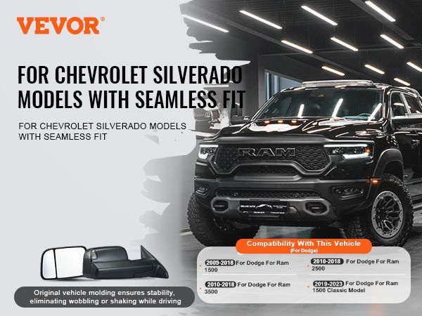 VEVOR Towing Mirrors Fit For 2009-2018 Dodge Ram 1500, 2010-2018 Ram 2500 3500, Ram Classic 2019-2023 Power Heated With Signal Light & Puddle Light, Manual Controlling Flipping Folding, Black_voghion.com
