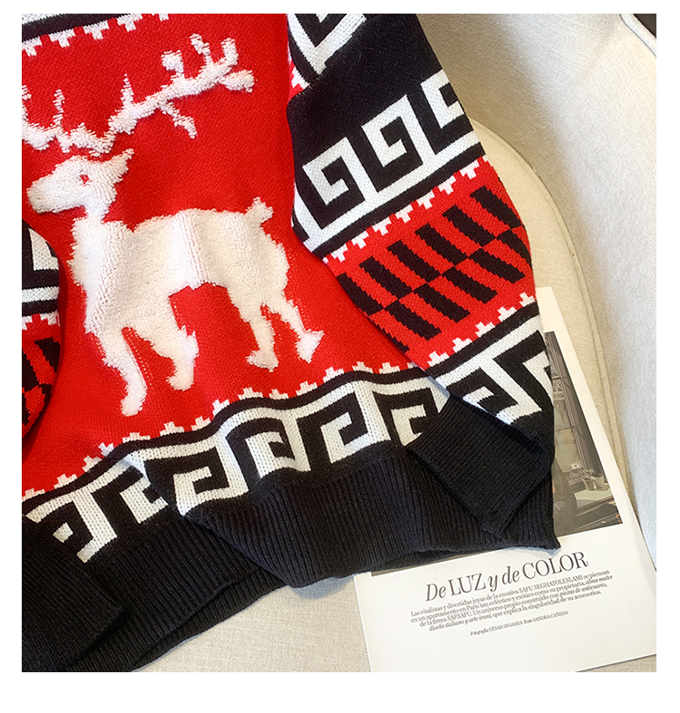 Petit cerf Jacquard rouge pull de noël femmes automne hiver nouveau tricot occidental ample et mince_voghion.com