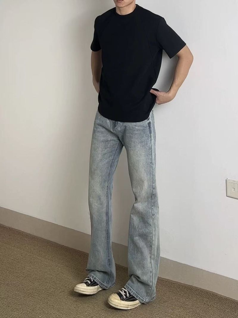 Hellblaue Vintage-Jeans für Herren, Retro-amerikanisches Straight-Leg mit dezentem Schlag, High-Street-Mode für Jugendliche, verwaschener Denim_voghion.com