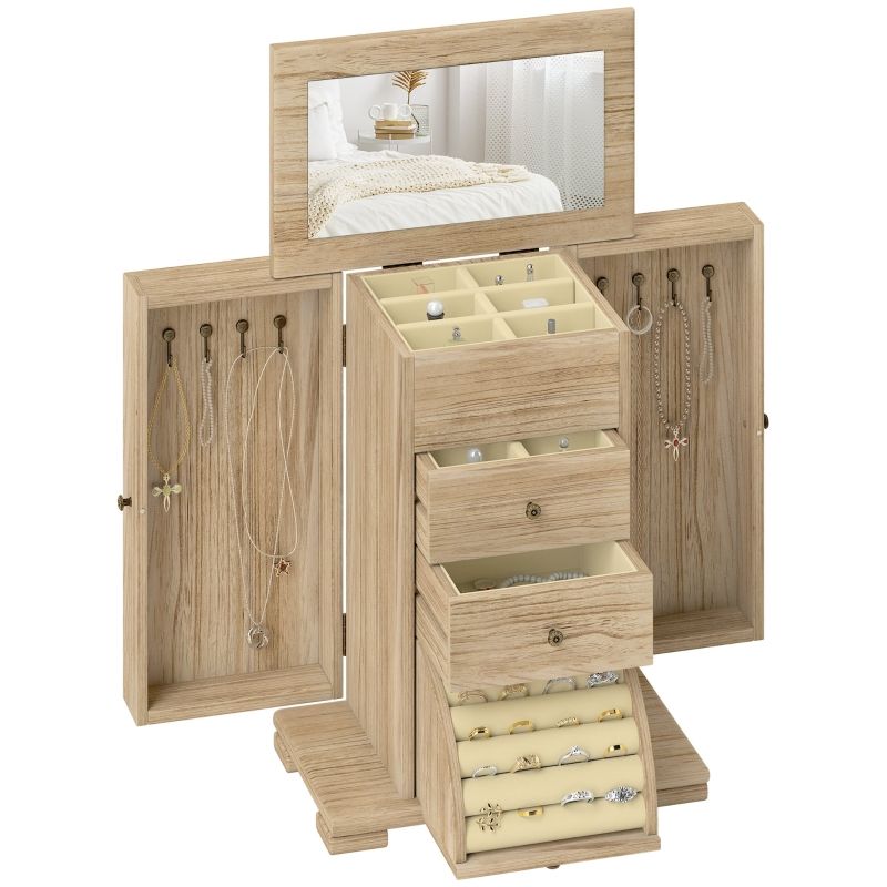 Schmuckbox mit 4-stufigem Layout, integriertem Spiegel, Holz, Braun_voghion.com