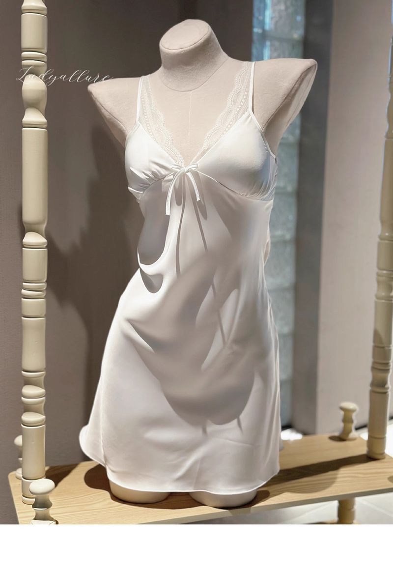 Camicia da notte sexy, delicata sulla pelle, con fiocco in seta ghiacciata, con bretelle in pizzo dolce, comoda e morbida, per il desiderio puro del vento_voghion.com