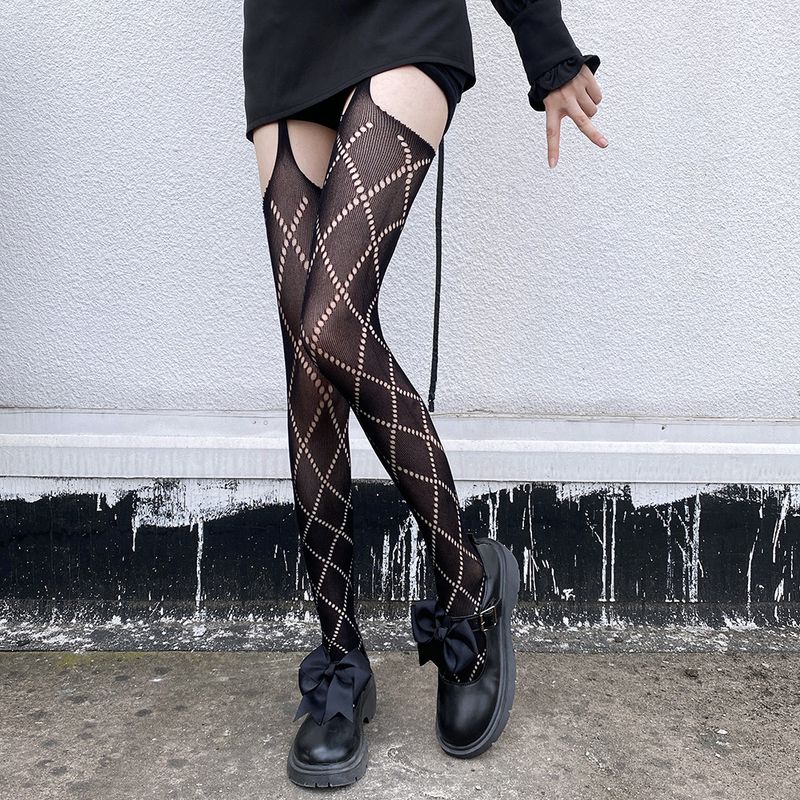 Calze autoreggenti JK Internet Celebrity Black Silk Diamond Summer Sottili Calze lunghe sopra il ginocchio in stile retrò giapponese scuro per le donne_voghion.com