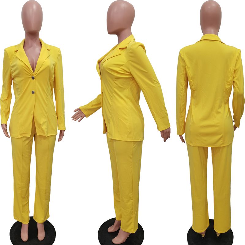 Women's Clothing solid color suit collar button two piece suit_voghion.com