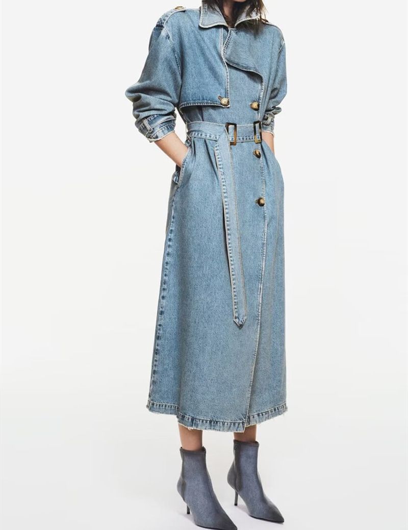 Trench oversize in denim da donna – Giacca lunga streetwear con bottoni doppiopetto e cintura staccabile, vintage_voghion.com