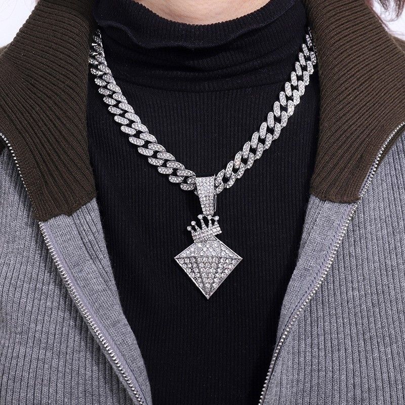 Alloy Full Diamond Pendant Personalized Men's Hip Hop Cuban Chain Decoration Texture Crown Magic Cube Necklace_voghion.com