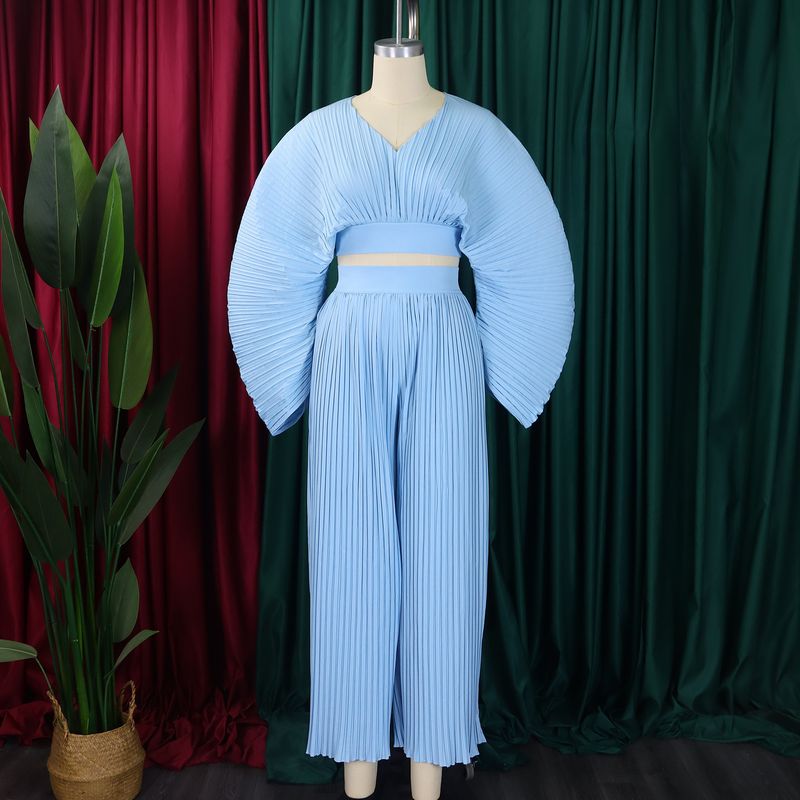 Abbigliamento donna nuova primavera pantaloni larghi a gamba larga con scollo a V pieghettato in due pezzi_voghion.com