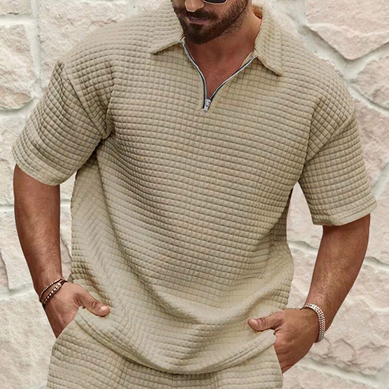 Polo informal de verano 2025 para hombre, cómodo, de jacquard, con cuadros pequeños, color liso, cuello vuelto, pantalón corto deportivo_voghion.com