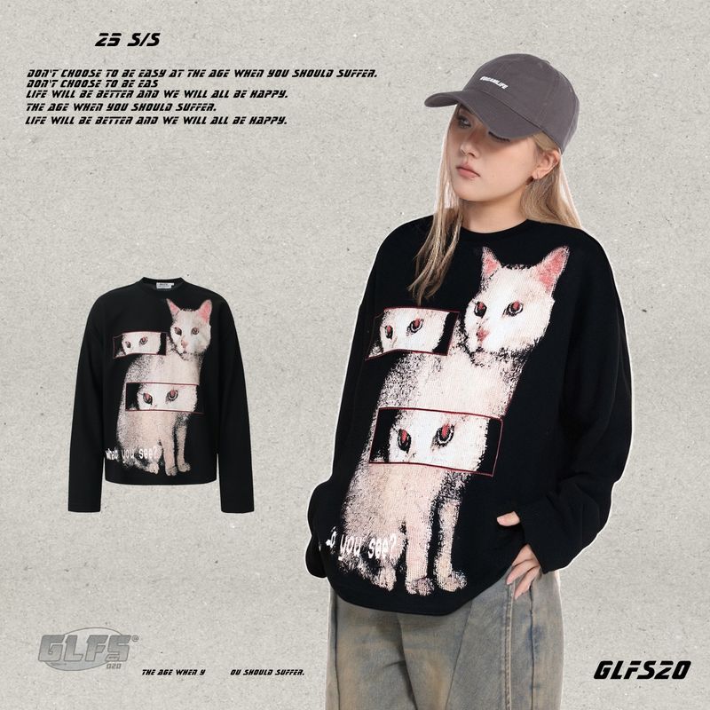 Übergroßer Unisex-Kapuzenpullover mit tanzendem Katzen-Print – gemütlicher Langarmpullover für Herbst/Winter_voghion.com
