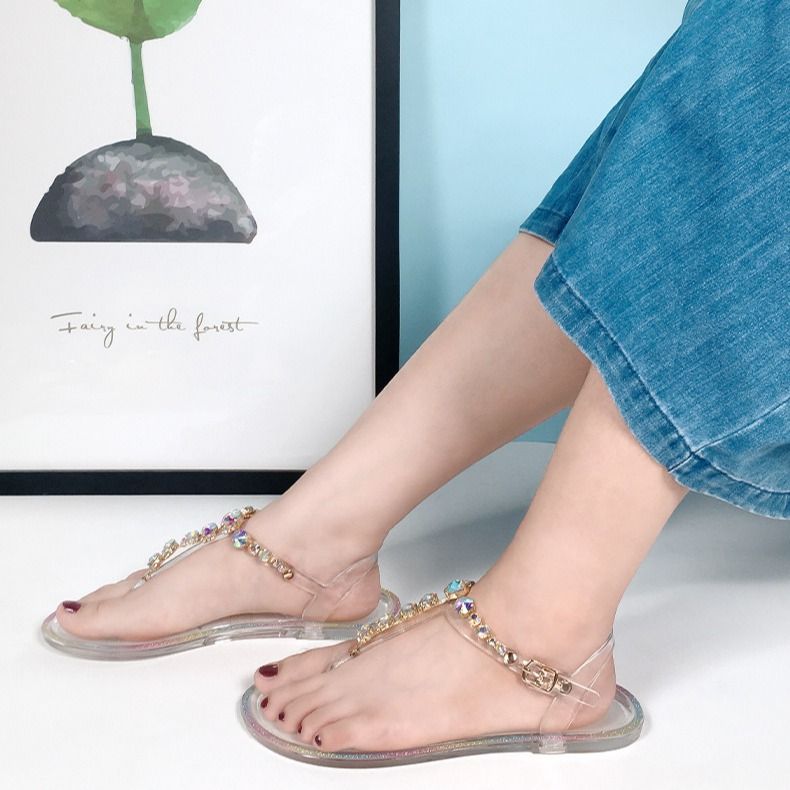 Sandali estivi trasparenti con fondo piatto in PVC da donna, casual, da spiaggia, con cristalli_voghion.com