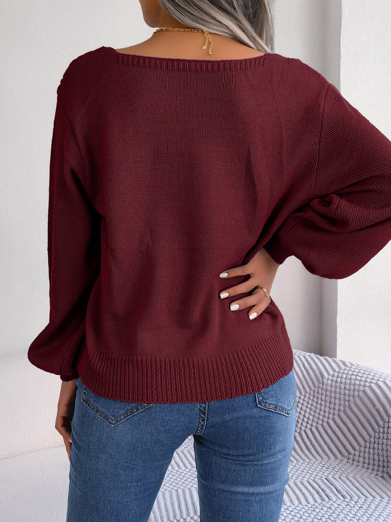 Maglione pullover casual con scollo quadrato e maniche a lanterna in maglia a trecce, moda femminile per autunno e inverno_voghion.com