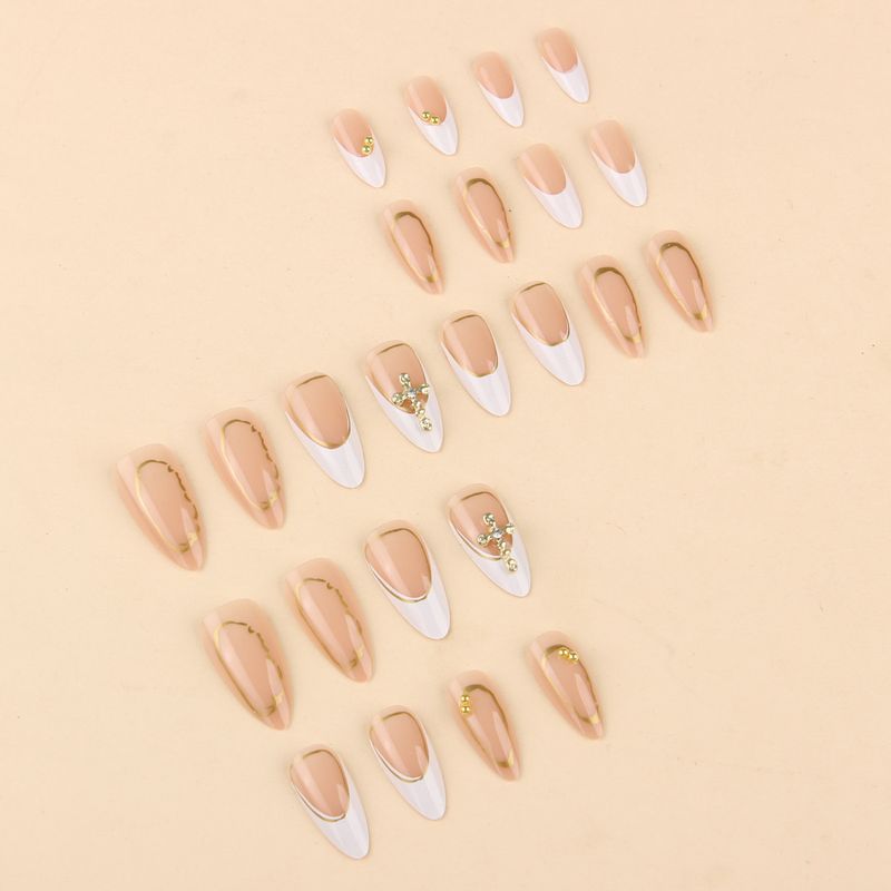 False Nails Wearable Nails White French Point Diamond Nail Art Simple Advanced False Nails Gold Line Classic Nail Tips_voghion.com