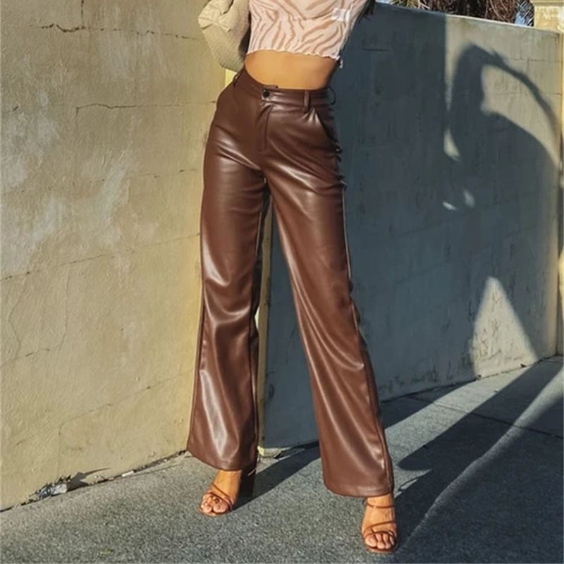 Damenhose aus PU-Leder mit hoher Taille – dehnbare Leggings aus Kunstleder mit ausgestelltem Saum_voghion.com