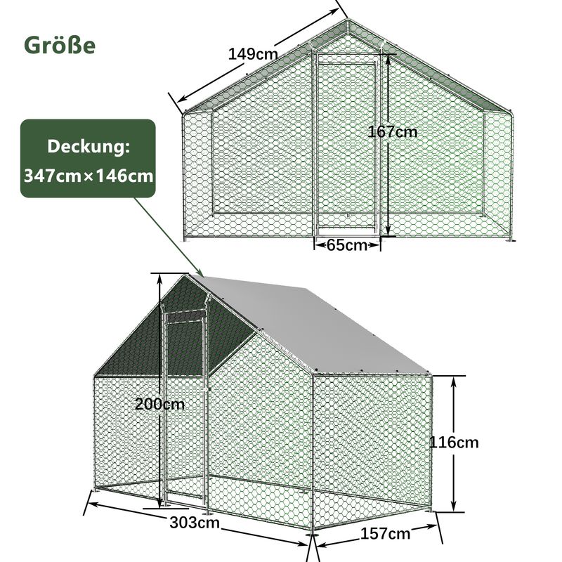 Hühnerstall Freilaufgehege 3x1,5x2m Mit Sicherheitsschloss Und Wasserdichtes PE-Tuch, Kleintiergehege Aus Metall Für Hühner, Kaninchen Und Weitere Kleintiere_voghion.com