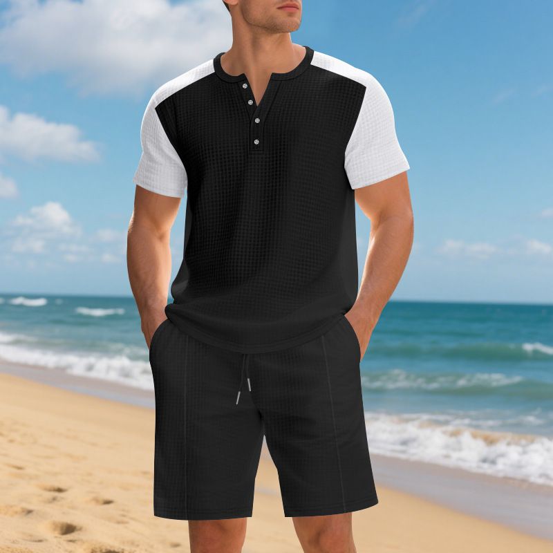 Summer Plus Size American Style Loose Waffle Beach Henley Shirt Short Sleeve Shorts Casual Set For Men_voghion.com