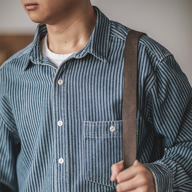 Neue retro vertikale kragen arbeitskleidung denim hemd männer gestreiften lose tasche hemd herbst_voghion.com