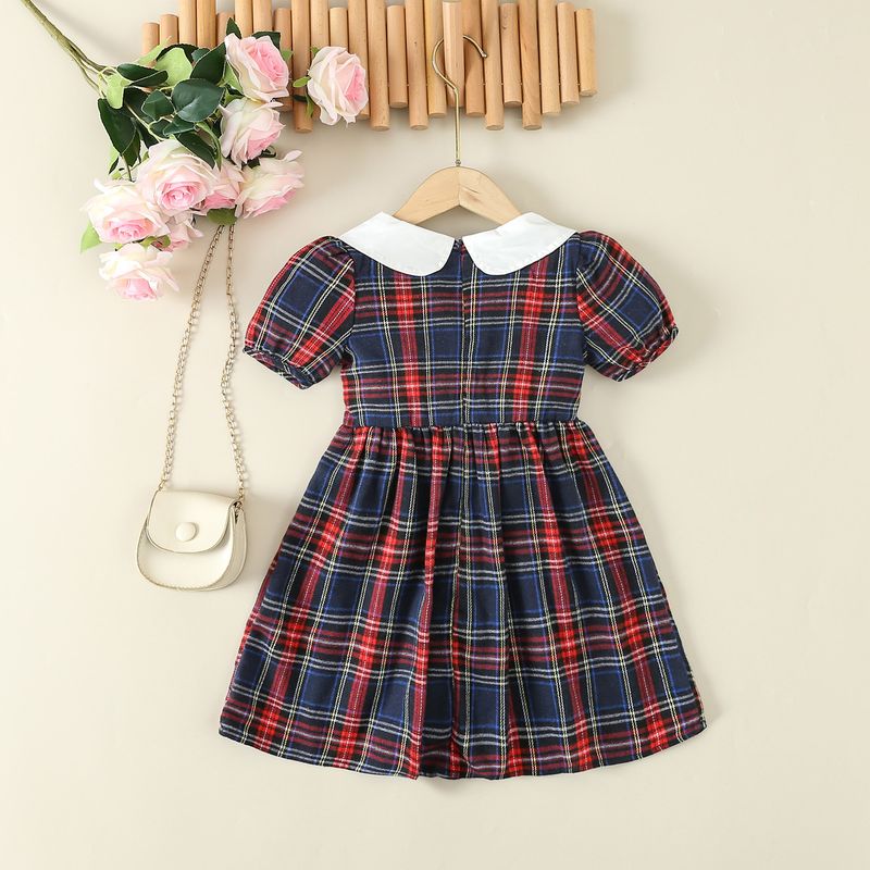 Mother & Kids Un pezzo del vestito a maniche corte per ragazze nuovo stile estivo 2024 per bambine con colletto a quadri a quadri_voghion.com