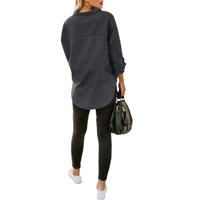 Camicia in denim da donna, camicia da cappotto casual all-match a maniche lunghe con doppia tasca ampia_voghion.com