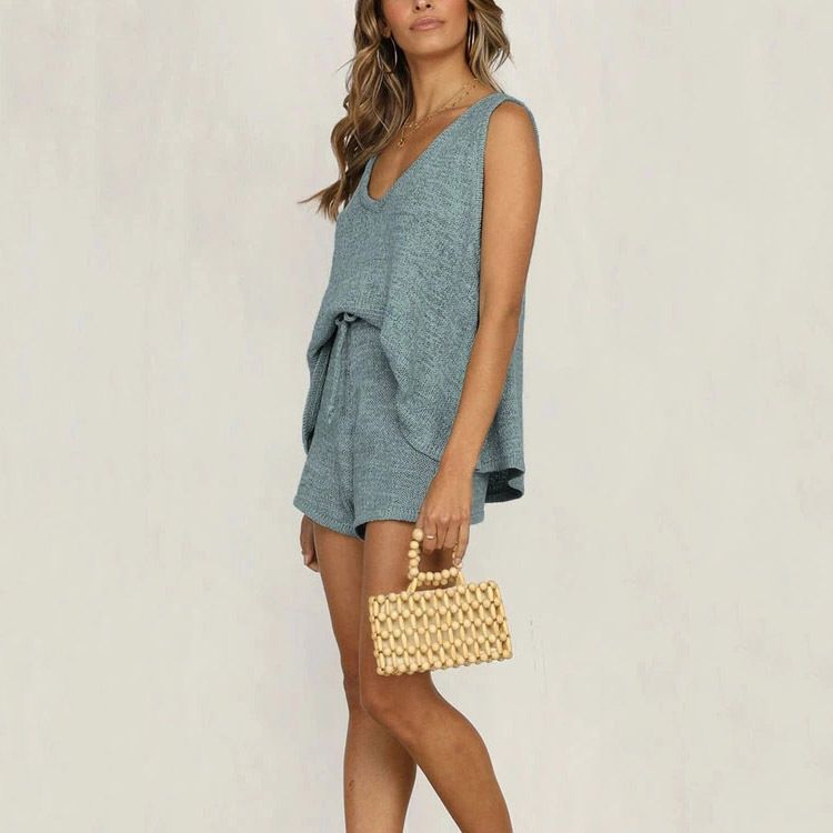 Women's Clothing summer fashion casual deep V-neck vest drawstring knitted women's sweater suit two-piece set_voghion.com