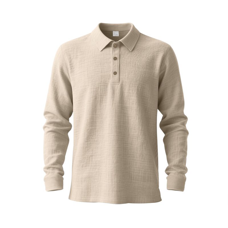 Herren-Leinenhemd mit Knopfleiste – Relaxed Fit Langarm-Polo mit Stehkragen (S-XXXL, atmungsaktiv und knitterfrei, Marineblau/Schwarz/Khaki)_voghion.com