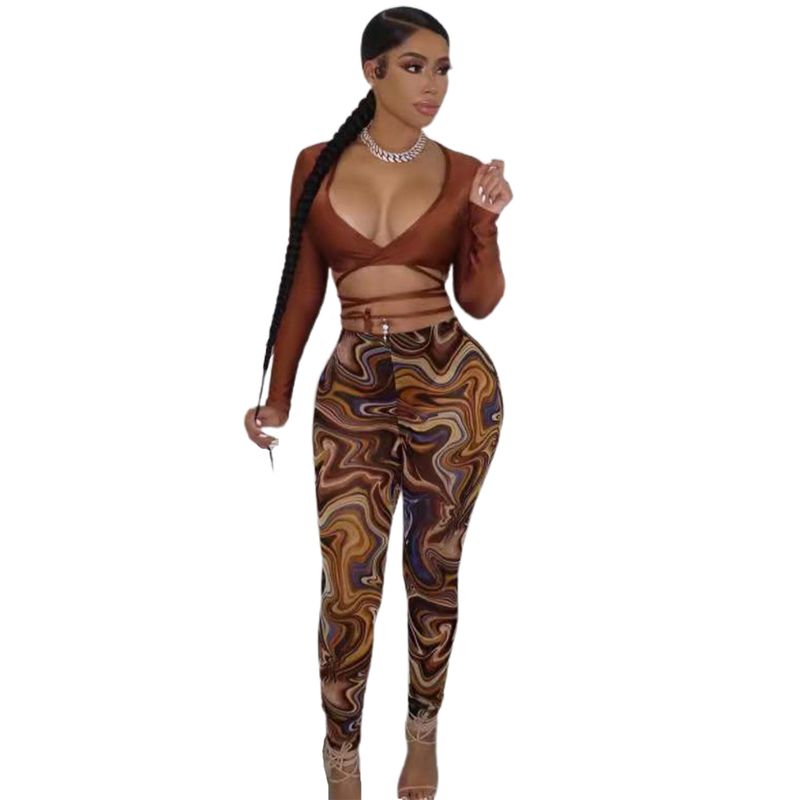 YD8538-D12 Special Offer No Returns Or Exchanges Women's Fashion Sexy Mesh Printed Two-Piece Set_voghion.com