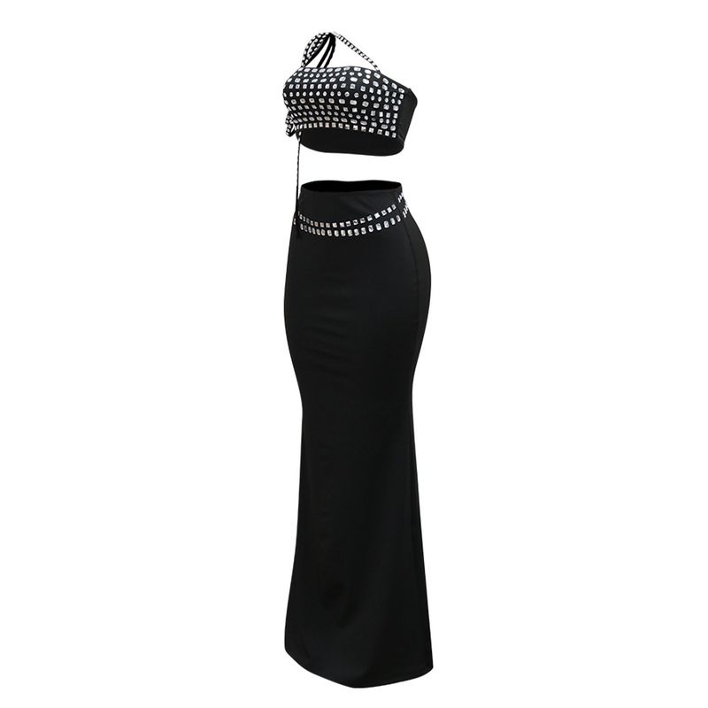 Abbigliamento da donna, nuovo top corto alla moda con diamanti e gonna sottile sui fianchi_voghion.com