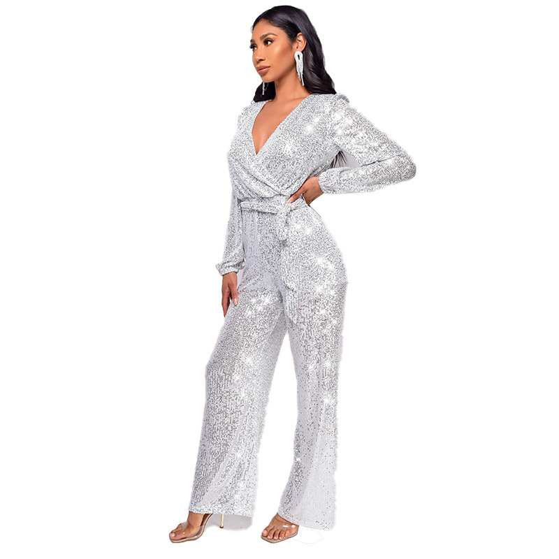 Damkläder Ins Style Deep V Mode Casual Jumpsuit Långärmat Bälte Paljett Jumpsuit Dam_voghion.com