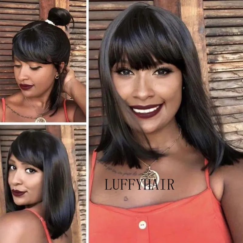 Perucas de cabelo humano Bob Base de seda brasileira Máquina perucas com franja Curto Bob peruca para mulheres_voghion.com