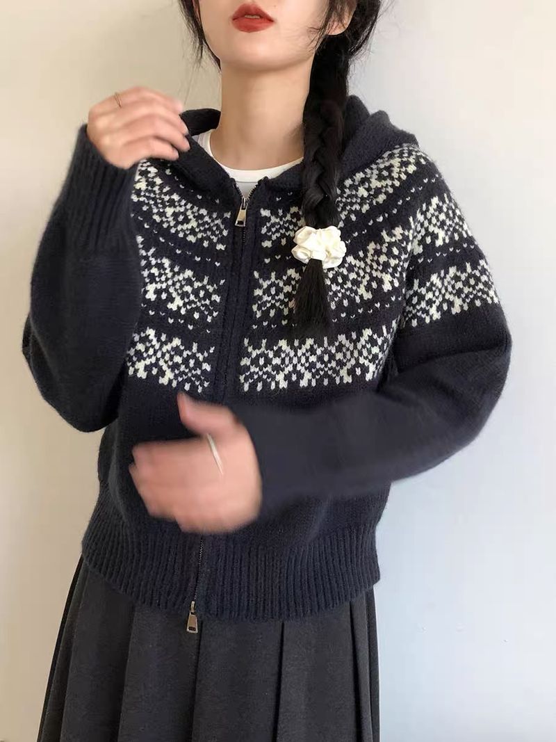 Herbst und Winter Weihnachten rot Kapuzenpullover Damen Retro kurze Strickjacke Jacke_voghion.com