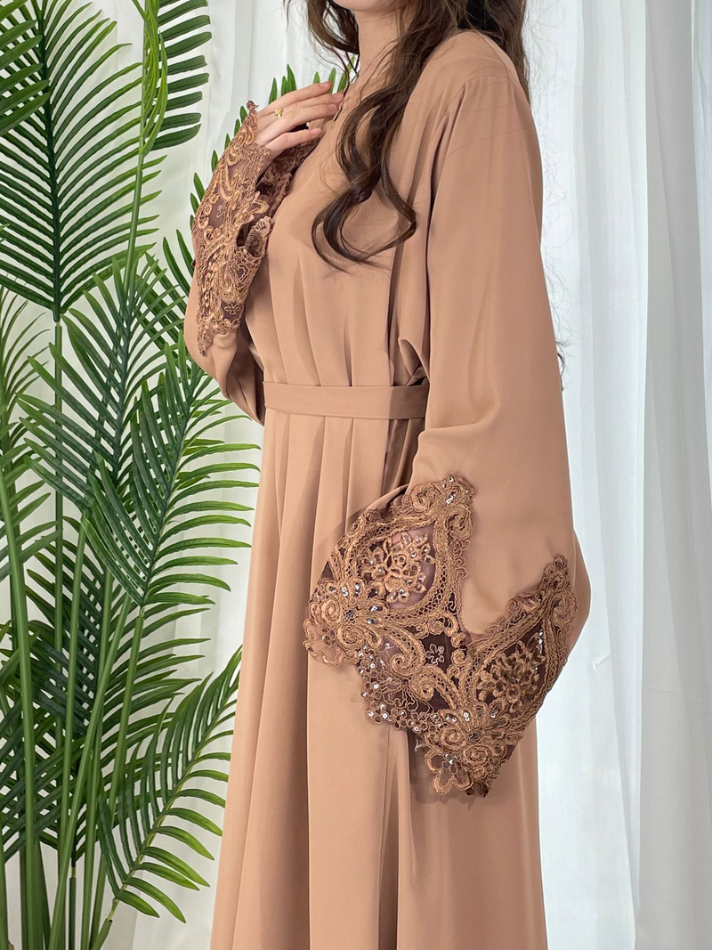 Damkläder Nya enfärgade blommiga spetsärmar med dragkedja Klänning Plus Size Damkläder_voghion.com